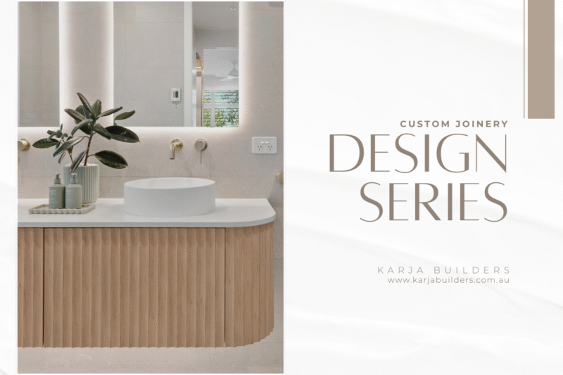 Custom joinery Ringwood - modern bathroom vanity with timber paneling, round basin, gold tapware, and backlit mirror by Karja Builders